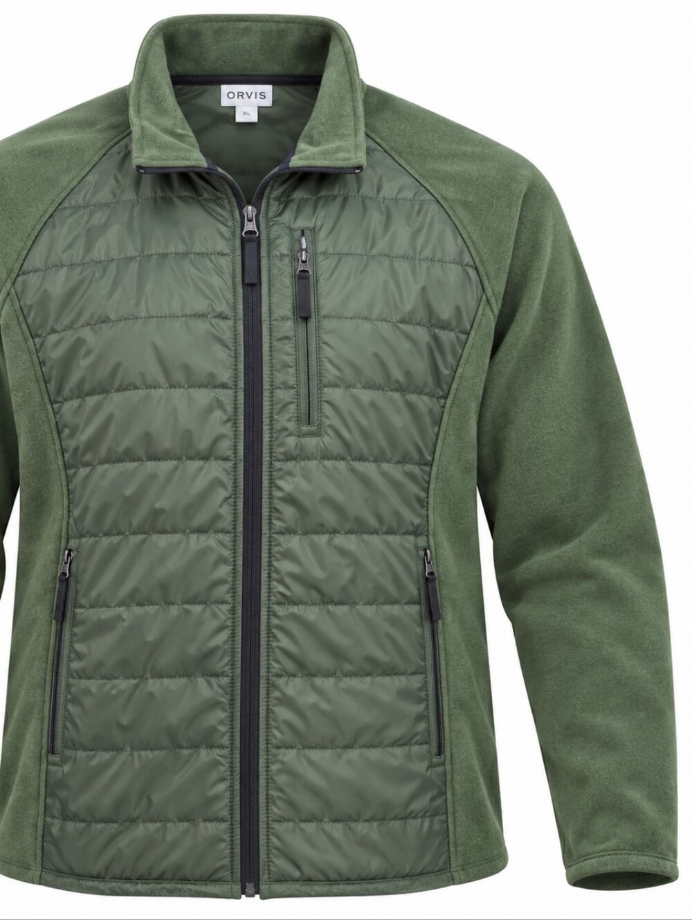 ORVIS | Men's Olive Green Hybrid Puffer Fleece Full Zip Funnel Neck Jacket | XL